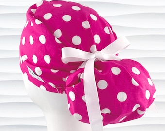 Polka Dots on Pink Euro Pony Scrub Cap, Hybrid Ponytail, Optional Satin Lining and Buttons, "Dottie"