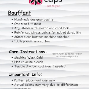 May include: White background with the text "jen's caps - just be you!" and details about a "Bouffant" product. Features include handmade designer quality, adjustable fit, and care instructions. The text also mentions pattern placement and color variations.