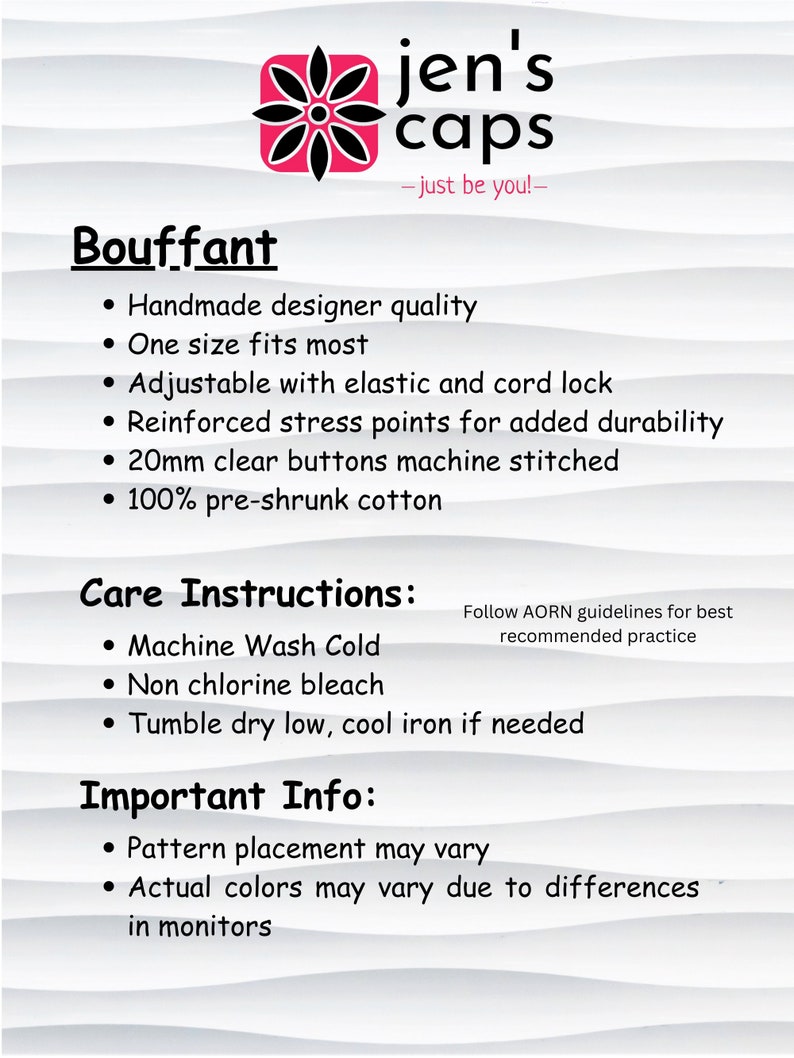 May include: White background with the text "jen's caps - just be you!" and details about a "Bouffant" product. Features include handmade designer quality, adjustable fit, and care instructions. The text also mentions pattern placement and color variations.