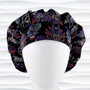 May include: Black surgical scrub cap featuring a vibrant neon design of cartoon villains. The cap has a gathered top and is made of a soft, dark fabric. The design includes images of Ursula, Maleficent, and other characters.
