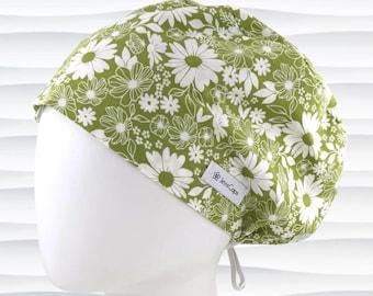 Daisies on Green Euro Pixie Scrub Cap, 2 Size Options, Optional Satin Lining, "Juliette"