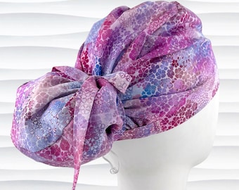 Watercolor Daisies Scrub Cap, Purple Blue Floral Euro Pony, Optional Satin Lining, "Retro Petals"