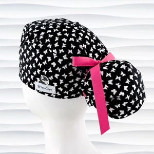 Butterflies Ponytail Scrub Cap, Black & White, Nurse Surgical Hat, "Paradox"