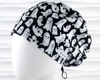 Friendly Halloween Ghosts Euro Pixie Style Scrub Cap, Nurse Surgical Hat, "Ghouly"