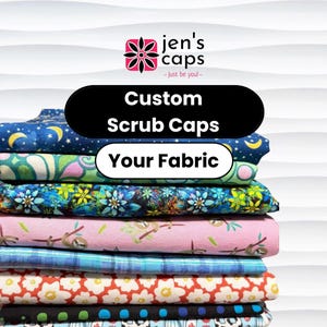 May include: A stack of folded fabric pieces for custom scrub caps. The top fabric is dark blue with yellow moons and stars. Below are patterns featuring green swirls, blue flowers, pink sloths, blue plaid, red flowers, and black with blue dots.
