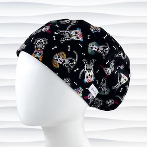 Sugar Skull Dogs on Black Pixie Euro Scrub Cap for Women, Red Orange Pink, Satin Option, Buttons Option, Scrub Hat, Surgical Cap, "Rad Pups"