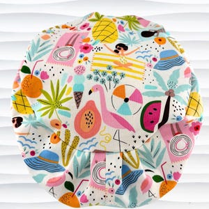 Summer Fun Flamingos Euro Pixie Scrub Cap, 2 Sizes, Optional Satin Lining, "Beach Vacay"