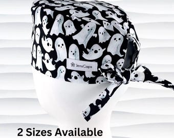 Friendly Halloween Ghosts Tie Back Surgeon Style Scrub Cap, Buttons Option, "Ghouly"