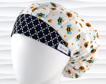Bees Daisies Bouffant Scrub Cap, Nurse Surgical Hat, Optional Satin Lining, "Honey Bee Bliss"