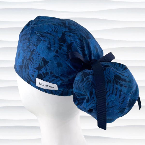 Deep Blue Floral Ponytail Scrub Cap: Optional Satin Lining and Buttons, "Botanical Blues"