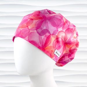 Pink Flowers Pixie Euro Scrub Cap for Women, Purple Peach Sorbet, Optional Satin Lined and Buttons, Scrub Hats, Surgical Caps, &quot;Wisteria&quot;
