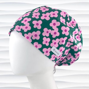 Retro Floral Euro Pixie Scrub Cap | Pink Flowers on Green | Nurse Surgical Hat | Optional Satin Lined and Buttons | &quot;Let&#39;s Bloom&quot;