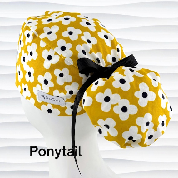 Retro Floral Ponytail Scrub Cap | Black White Flowers | Euro Pony | Nurse Ponytail Hat | Optional Satin Lined and Buttons | "Blooming"