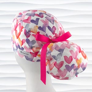Hearts Ponytail Scrub Cap, Nurse Surgical Hat, Optional Satin Lining and Buttons, "Watercolor Love"