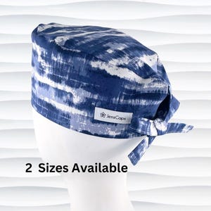 Tie Dye Surgeon Style, 2 Sizes S/M or M/L, Abstract Blue White, Men&#39;s Scrub Hat, Short Hair, Surgical Cap, OR Hats, Buttons Option, WAVES