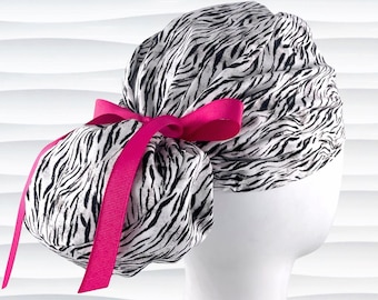 Animal Print Euro Pony Scrub Cap, Hybrid Nurse Ponytail Hat, Optional Satin Lining, Snow Tiger
