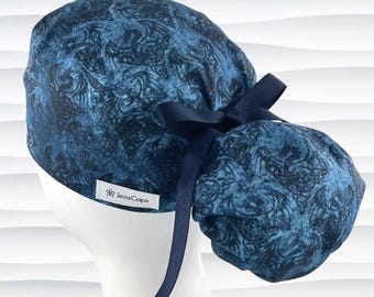 Dragons Ponytail Scrub Cap, Optional Satin Lining, Surgical Nurse Hat, "Shadows"