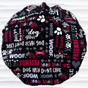 Dog Paws Bones Bouffant Scrub Cap for Women, Long Hair, Red White Black, Satin Lining Option, Scrub Hat, Surgical Cap, "Live Love Woof"