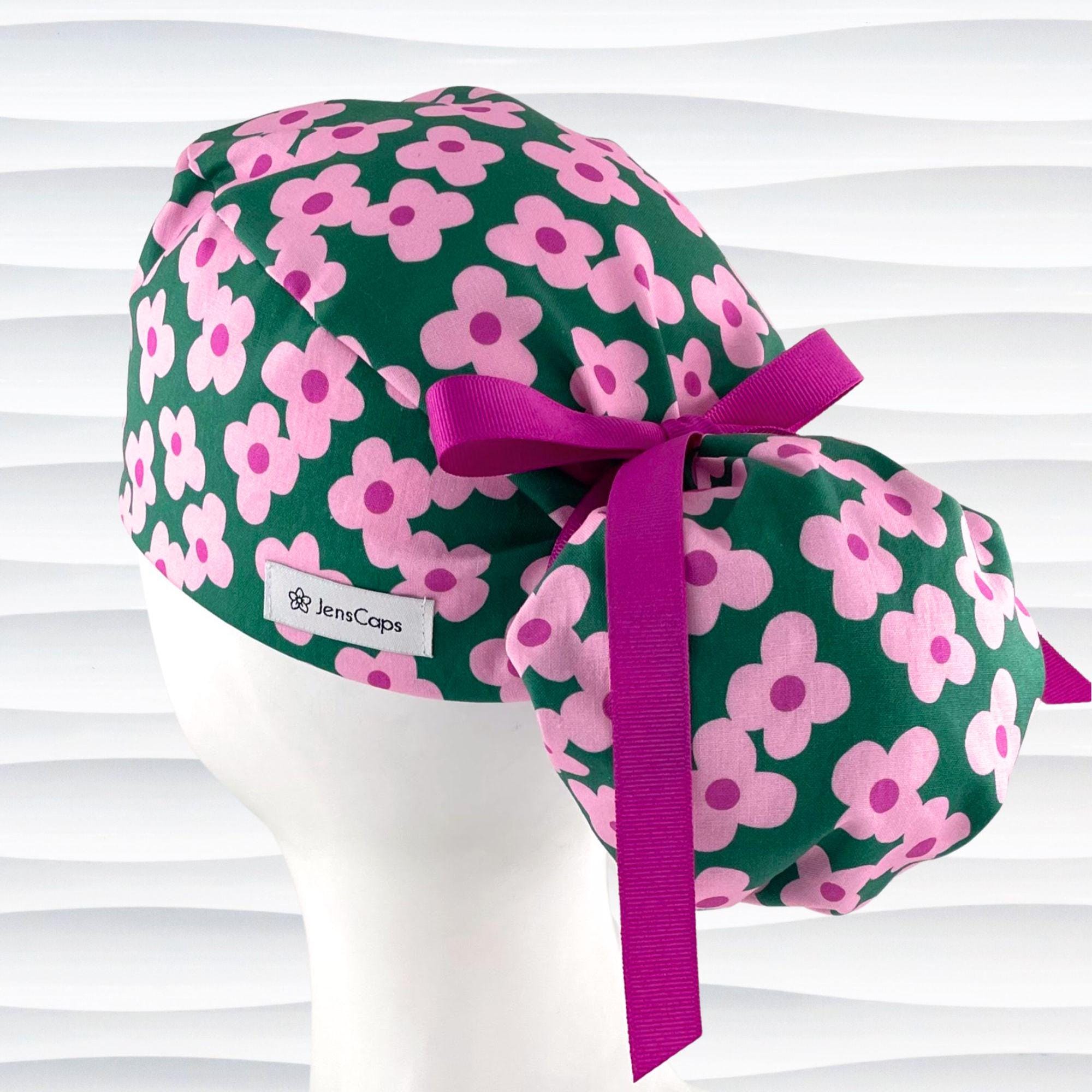 Retro Floral Ponytail Scrub Cap | Pink Flowers on Green | Euro Pony | Nurse Ponytail Hat | Optional Satin Lined and Buttons | "Let's Bloom"