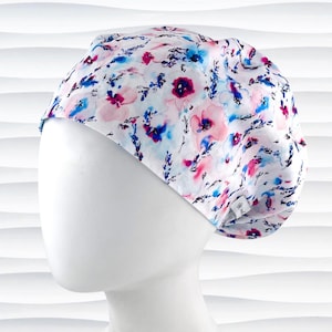 Floral Euro Pixie Scrub Cap | Pink Blue Flowers | Nurse Surgical Hat | Optional Satin Lining and Buttons | &quot;Watercolor Mist&quot;