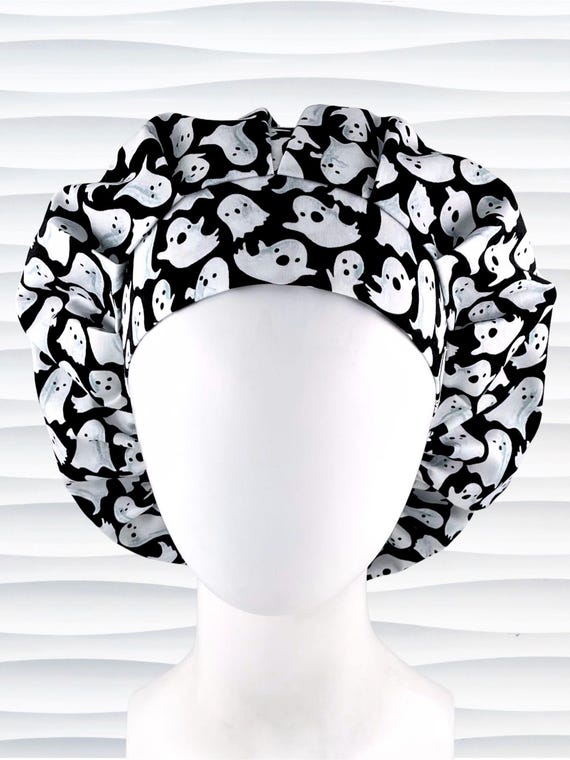 Halloween Friendly Ghosts Bouffant Scrub Cap, Black White, Nurse Hat, Satin Lining Option, "Ghouly"
