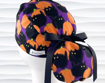 Halloween Black Cats Ponytail Scrub Cap, Nurse Hat, Optional Satin Lining, "Mischief"