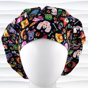 Sugar Skull Poodle Bouffant Scrub Cap Women, Pink Purple Blue Floral, Long Hair, Satin Lining Option, Scrub Hat, Surgical Cap, Dogs and Paws