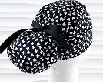 Butterflies Euro Pony Scrub Cap | Black and White | Hybrid Ponytail | Optional Satin Lining | "Paradox"