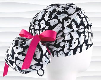 Friendly Ghosts Euro Pony Scrub Cap | Black White | Hybrid Ponytail | Nurse Surgical Hat | Optional Satin Lining | "Ghouly"