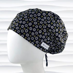Daisy Floral Pixie Scrub Cap: Women's Surgical Hat, Optional Satin Lining, "Dainty Daisies"