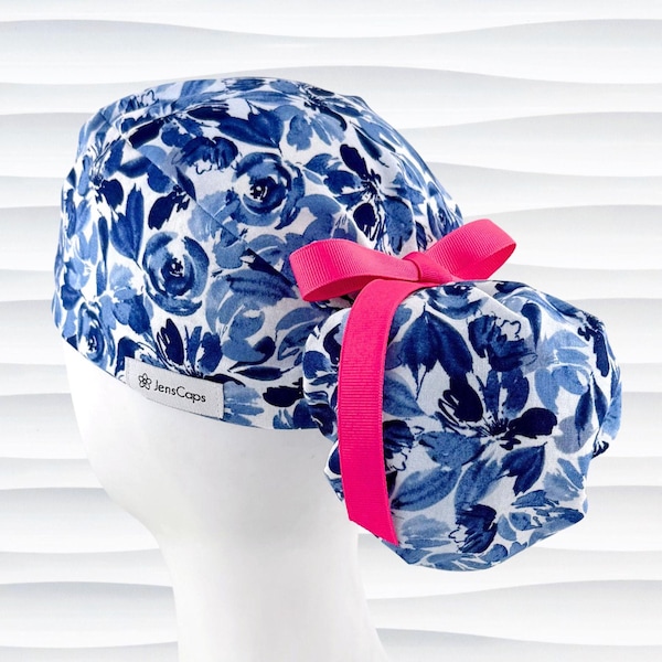 Blue Floral Scrub Cap, Ponytail or Hybrid Euro Pony, Optional Satin Lining, "Dreaming"