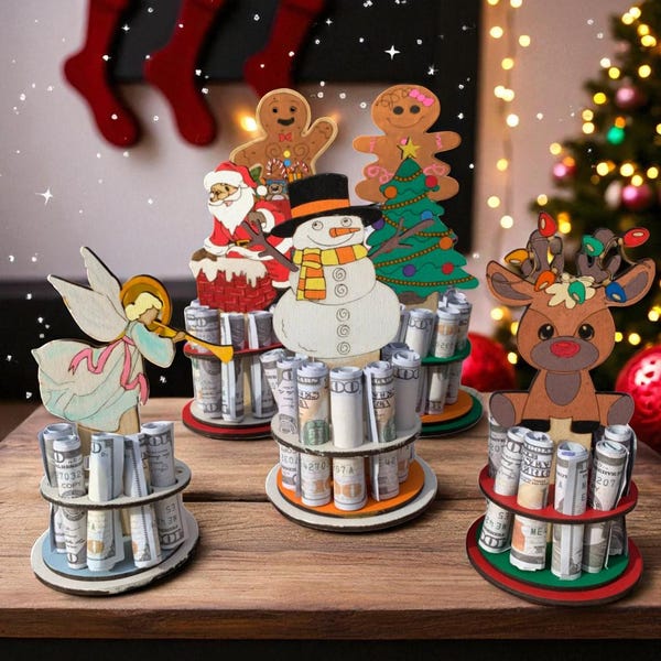Christmas Money Holder Tree – Handmade Wooden Holiday Cash Gift – Santa, Snowman, Reindeer Designs