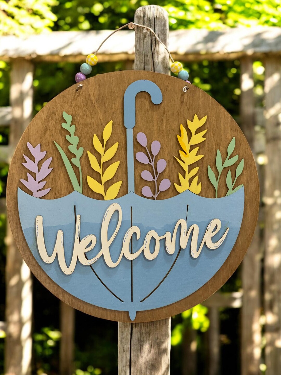 Spring Welcome Sign – Handmade 3D Wooden Door Hanger With Umbrella ...