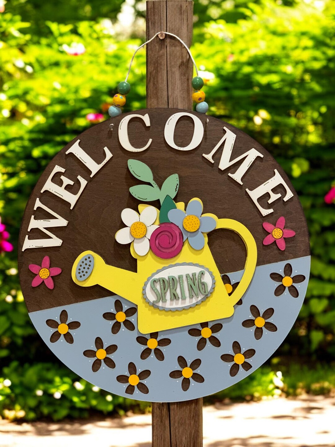 Spring Welcome Sign – Handmade 3D Wooden Door Hanger With Watering Can ...