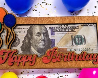 Happy Birthday Money Holder - Handmade Wood Cash Gift Card Holder - Fun Birthday Gift for Adults and Teens - Birthday Cash Gift
