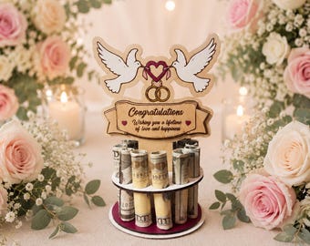 Wedding Money Gift for Couple, Dove Money Tree Cash Holder, Handmade Wooden Wedding Gift with Gift Box, Cash Gift Doves & Rings Design