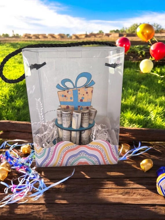 Handmade Wooden Money Tree Gift: Blue Bow Birthday Cash Holder