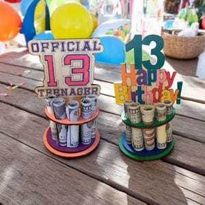 Może przedstawiać: Dwie drewniane dekoracje urodzinowe. Jedna głosi "OFFICIAL 13 TEENAGER" z rolowanymi banknotami. Druga m&oacute;wi "13 Happy Birthday!" z rolowanymi banknotami. Obie znajdują się na drewnianej powierzchni z balonami w tle.