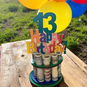 Może przedstawiać: Tort urodzinowy z kolorowym napisem "Happy Birthday!" i liczbą "13". Tort jest ozdobiony zwiniętymi banknotami dolara. Balony w kolorze ż&oacute;łtym, pomarańczowym i niebieskim w tle. Tort stoi na drewnianym stole.