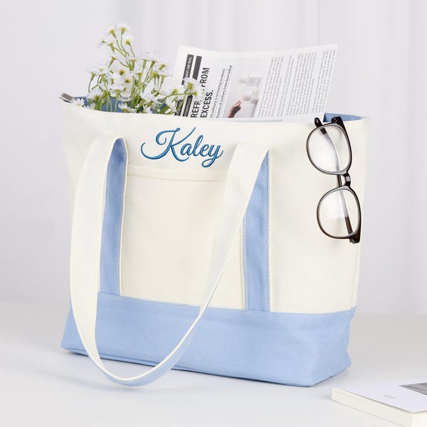 Personalized Tote Bag with Zipper/  Personalized Canvas Tote Bag/ Wedding Gift Bag/ Bridesmaid Gift/ Canvas Tote Bag/ Beach Bag with Ribbon
