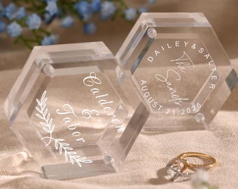 Personalized Engraved Clear Hexagon Ring Box/ Acrylic Wedding Ring Bearer Box Engagement Proposal Ring Storage Modern Ring Dish Gift for Her