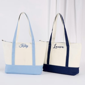 Custom Canvas Sailboat Tote Bag with Zipper/ Embroidered Tote/ Custom Text Tote Bag/ Bridal Party Bag/ Bridesmaid Gift/ Bachelorette Gift