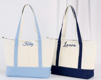 Custom Canvas Sailboat Tote Bag with Zipper/ Embroidered Tote/ Custom Text Tote Bag/ Bridal Party Bag/ Bridesmaid Gift/ Bachelorette Gift