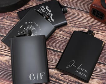 Gepersonaliseerde heupfles/op maat gegraveerde matzwarte kolf/ kolf bruidsjonkers/ kolf vrijgezellenfeest/ cadeau getuige/ cadeau huwelijksverjaardag