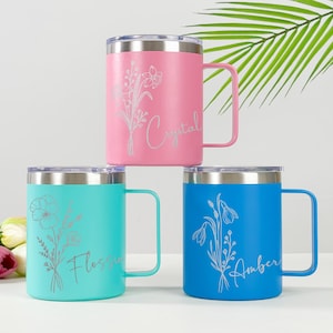 Personalized Engraved 12oz Insulated Coffee Cup/ Bachelorette Party Gift/ Floral Stainless Steel Coffee Cup/ Coffee Mug/ Coffee Cup with Lid