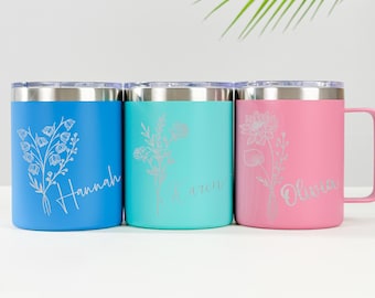 Personalized Coffee Cup/ Insulated Coffee Mug/ Coffee Mug with Handle/ Travel Mug/ Birthflower Cup with Handle/Travel Coffee Cup with Handle
