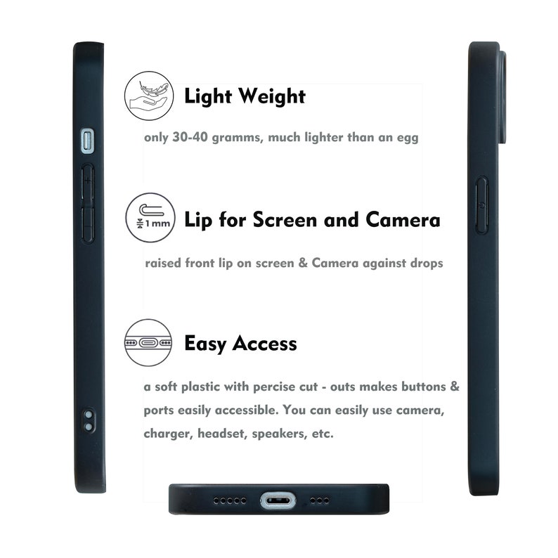 May include: A black phone case with a raised lip around the screen and camera to protect against drops. The case is lightweight, weighing only 30-40 grams, and has easy access to all buttons and ports.