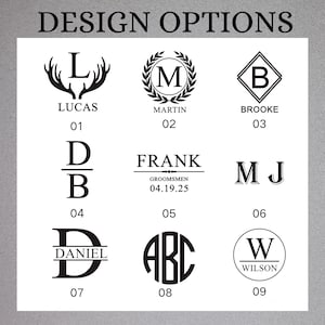 K&ouml;nnte beinhalten: Bild mit Designoptionen f&uuml;r personalisierte Artikel. Der Text "DESIGN OPTIONS" steht oben. Neun verschiedene Designauswahlen werden angezeigt, jede mit einem einzigartigen Monogramm oder Namen, wie "LUCAS" und "MARTIN", zusammen mit entsprechenden Nummern.