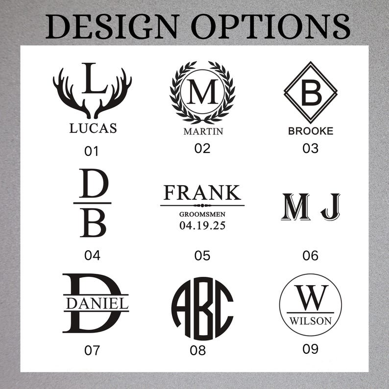 K&ouml;nnte beinhalten: Bild mit Designoptionen f&uuml;r personalisierte Artikel. Der Text "DESIGN OPTIONS" steht oben. Neun verschiedene Designauswahlen werden angezeigt, jede mit einem einzigartigen Monogramm oder Namen, wie "LUCAS" und "MARTIN", zusammen mit entsprechenden Nummern.