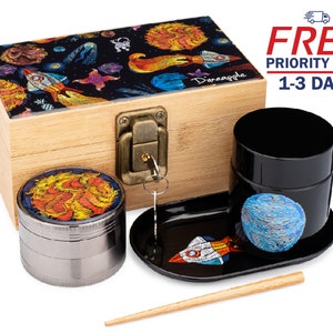 Stash Box Combo with Accessories, Herb Grinder and Metal Rolling Tray Set, UV Jar, Gift for Her, Gift for Him, Summer Gift, Unisex Gift